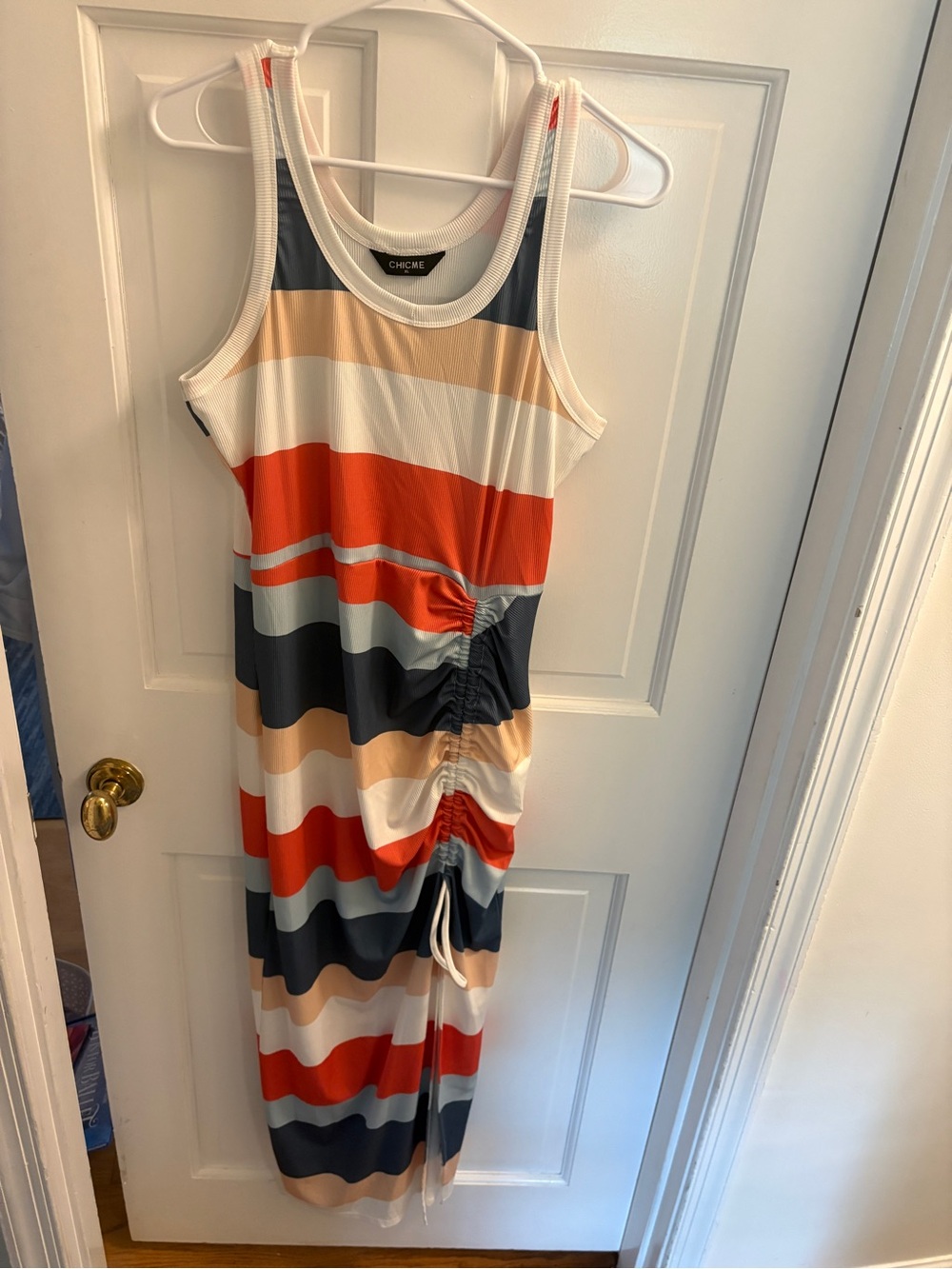 chicme Striped Ruched Tank Maxi Dress in Navy, Red & Cream